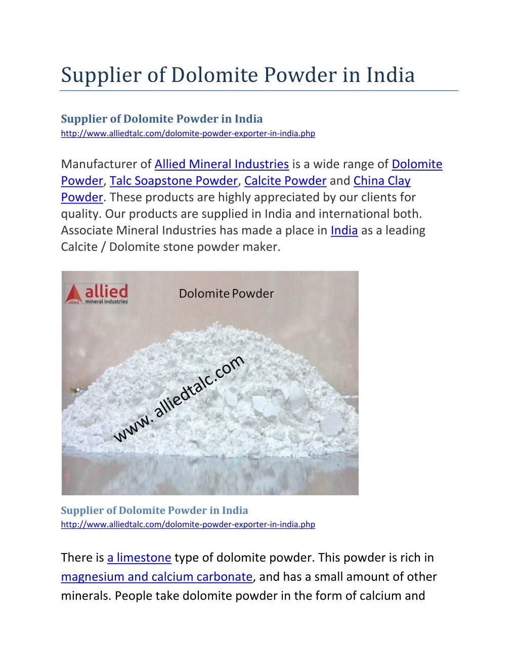 supplier of dolomite powder in india