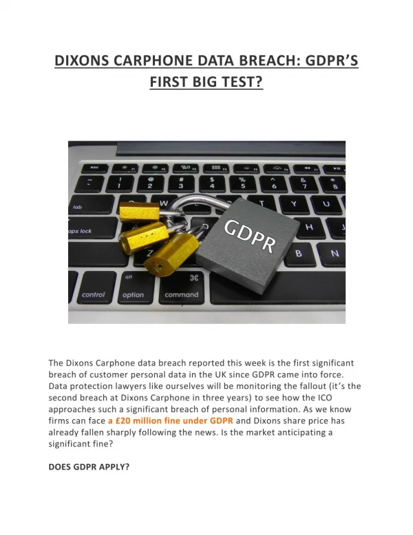 DIXONS CARPHONE DATA BREACH: GDPR’S FIRST BIG TEST?