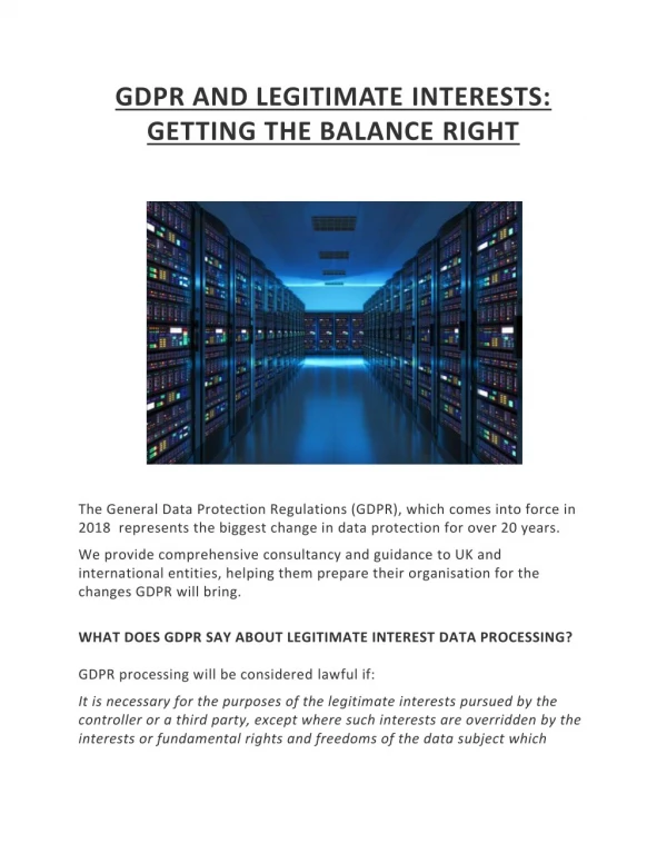 GDPR AND LEGITIMATE INTERESTS: GETTING THE BALANCE RIGHT