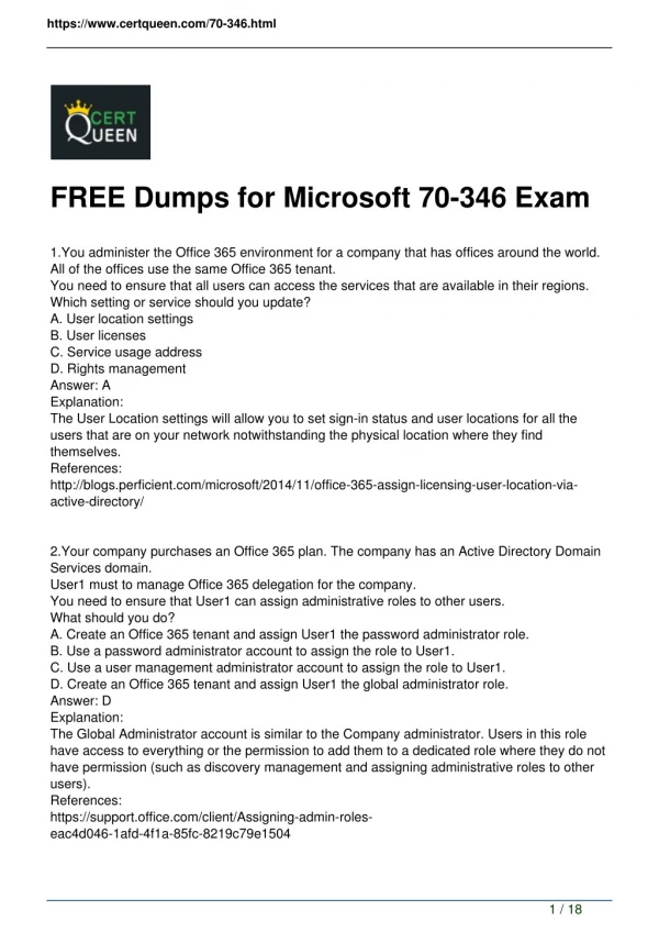 CertQueen Microsoft 70-346 Exam Dumps