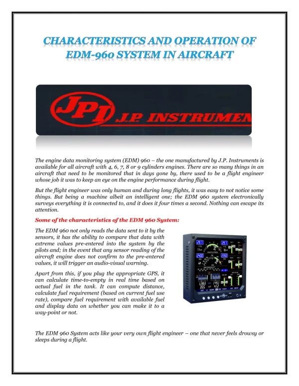 CHARACTERISTICS AND OPERATION OF EDM-960 SYSTEM IN AIRCRAFT