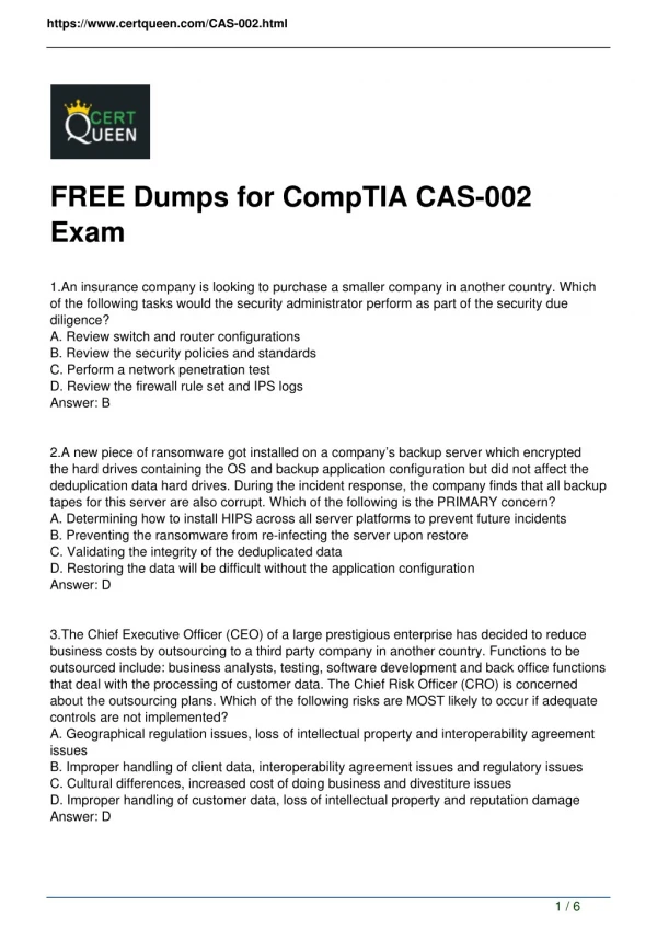 CertQueen CompTIA CASP CAS-002 Questions and Answers