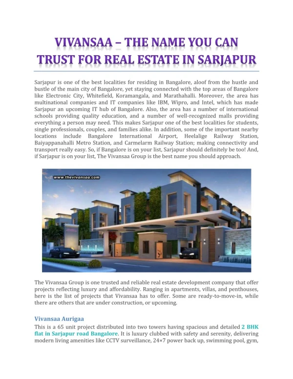 Vivansaa – The Name You Can Trust For Real Estate In Sarjapur