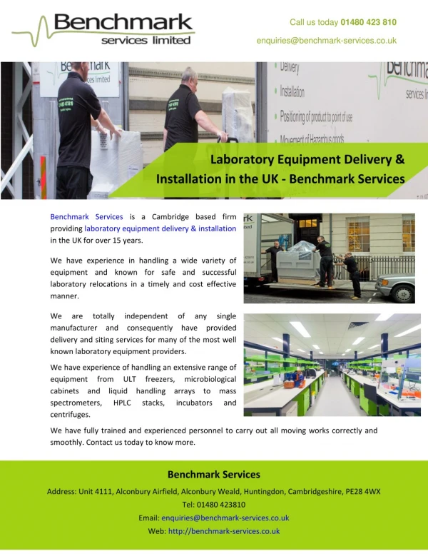 Laboratory Equipment Delivery & Installation in the UK - Benchmark Services