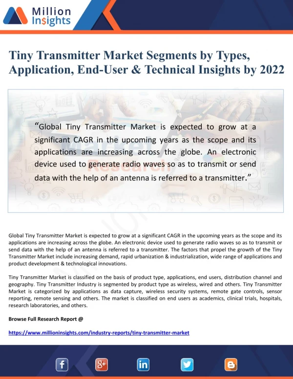 Tiny Transmitter Market Segments by Types, Application, End-User & Technical Insights by 2022