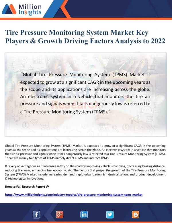 Tire Pressure Monitoring System Market Key Players & Growth Driving Factors Analysis to 2022