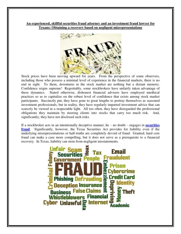 An experienced, skillful securities fraud attorney and an investment fraud lawyer for Texans: Obtaining a recovery based