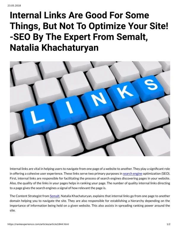 Internal Links Are Good For Some Things, But Not To Optimize Your Site! -SEO By The Expert From Semalt, Natalia Khachatu