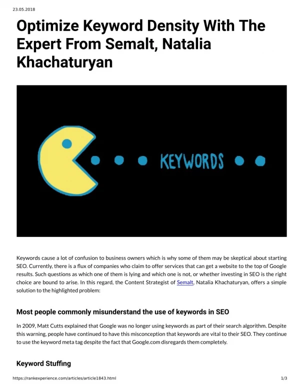 Optimize Keyword Density With The Expert From Semalt, Natalia Khachaturyan