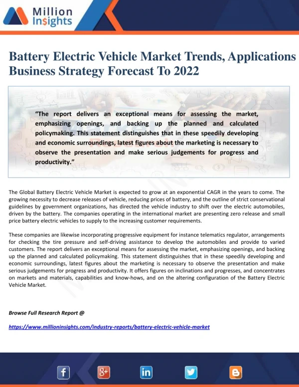 Battery Electric Vehicle Market Trends, Applications & Business Strategy Forecast To 2022