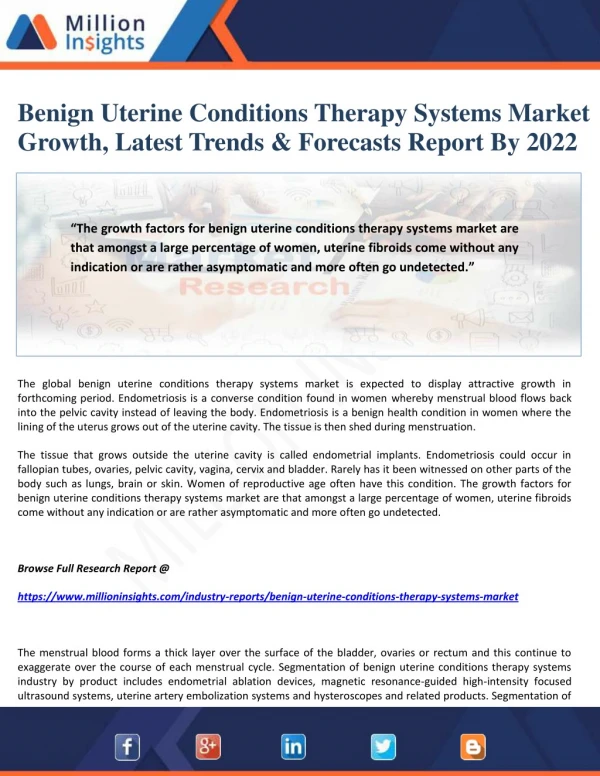 Benign Uterine Conditions Therapy Systems Market Growth, Latest Trends & Forecasts Report By 2022
