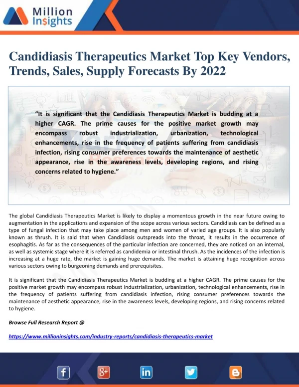 Candidiasis Therapeutics Market Top Key Vendors, Trends, Sales, Supply Forecasts By 2022
