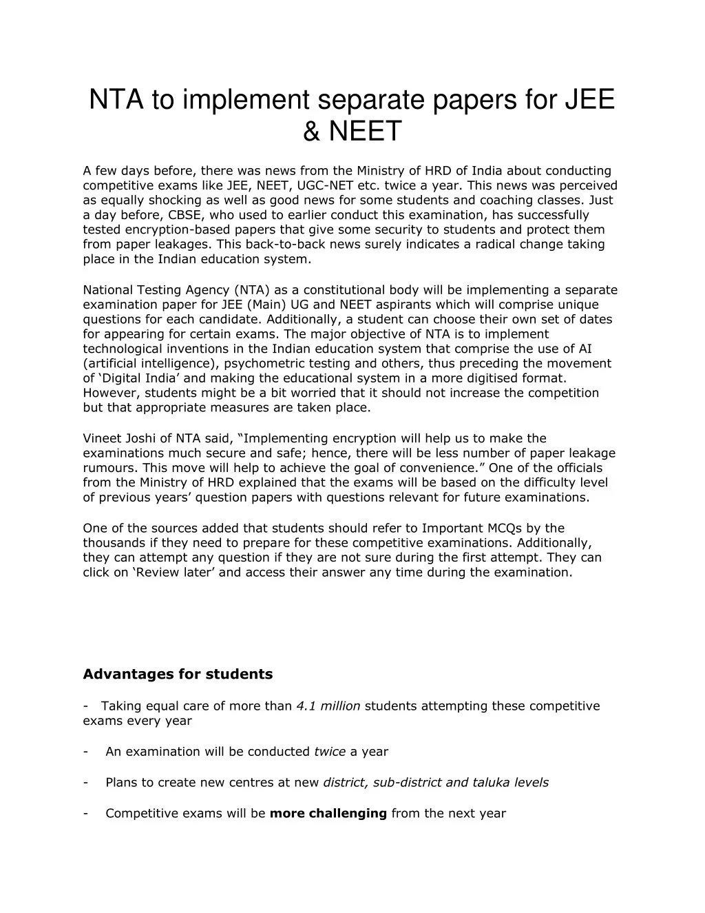 nta to implement separate papers for jee neet