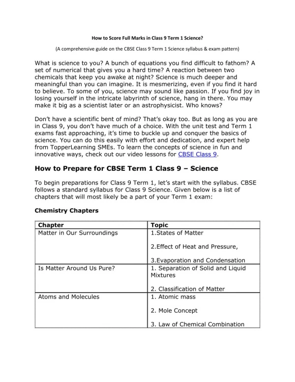 How to Score Full Marks in Class 9 Term 1 Science?