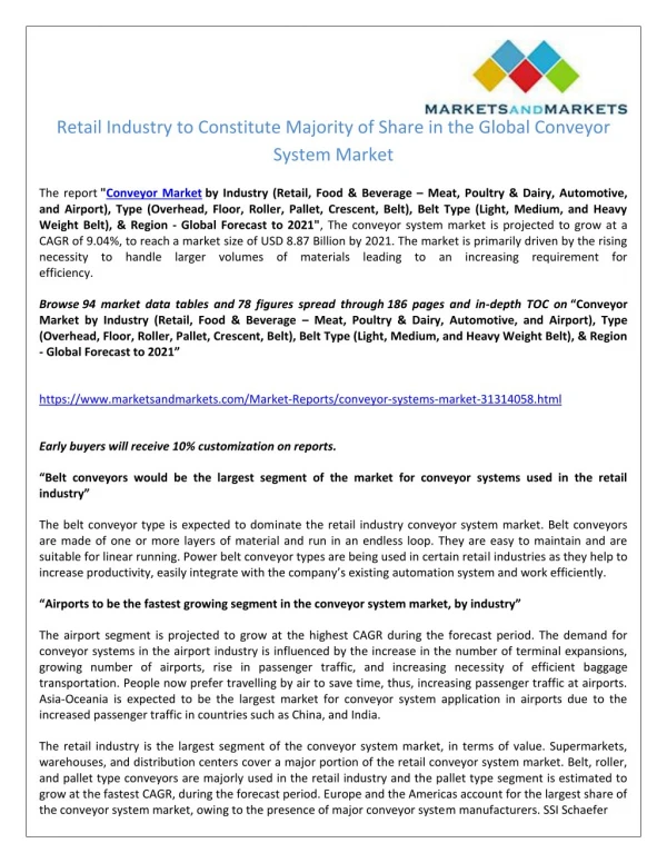 Retail Industry to Constitute Majority of Share in the Global Conveyor System Market