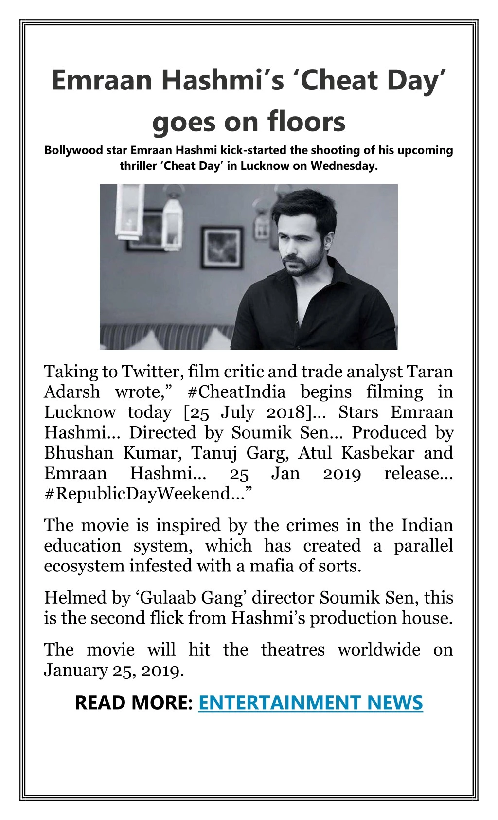 emraan hashmi s cheat day goes on floors