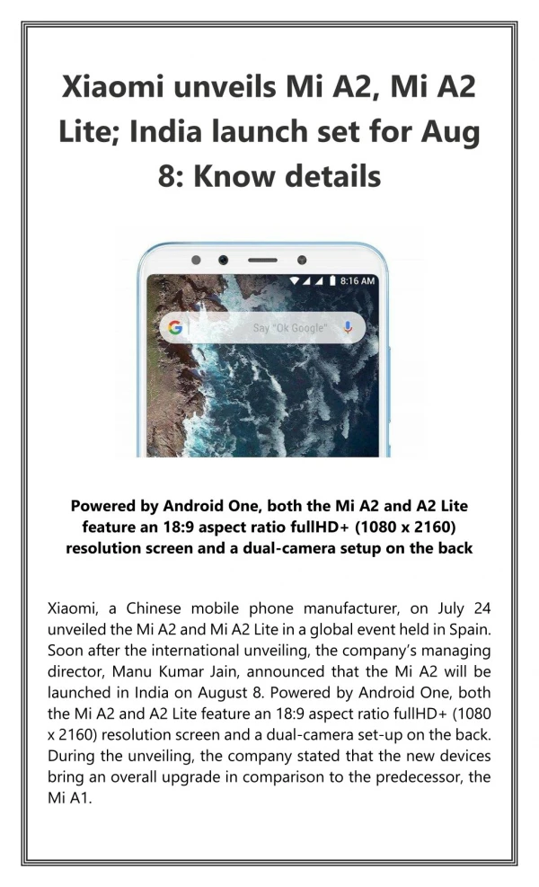 Xiaomi unveils Mi A2, Mi A2 Lite; India launch set for Aug 8: Know details