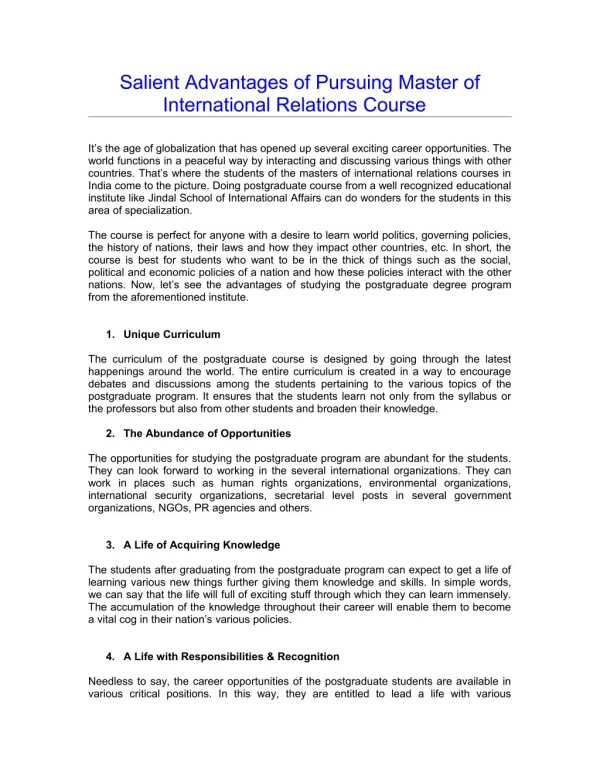 Salient Advantages of Pursuing Master of International Relations Course