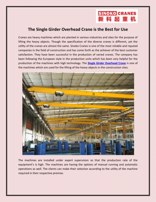 The Single Girder Overhead Crane is the Best for Use