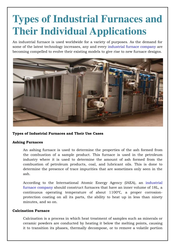 Types of Industrial Furnaces and Their Individual Applications