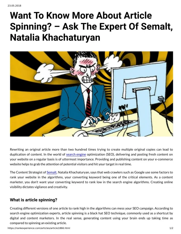Want To Know More About Article Spinning, Ask The Expert Of Semalt, Natalia Khachaturyan