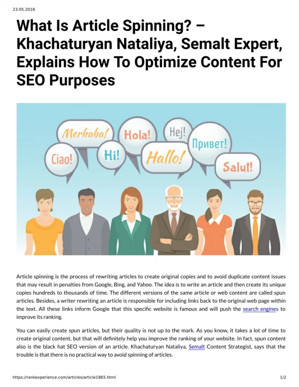 What Is Article Spinning Khachaturyan Nataliya, Semalt Expert, Explains How To Optimize Content For SEO Purposes