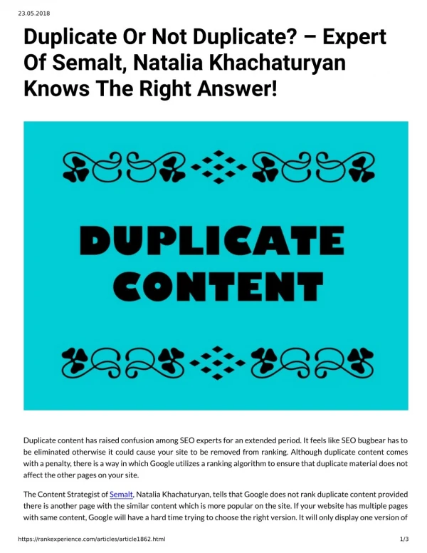 Duplicate Or Not Duplicate? – Expert Of Semalt, Natalia Khachaturyan Knows The Right Answer!