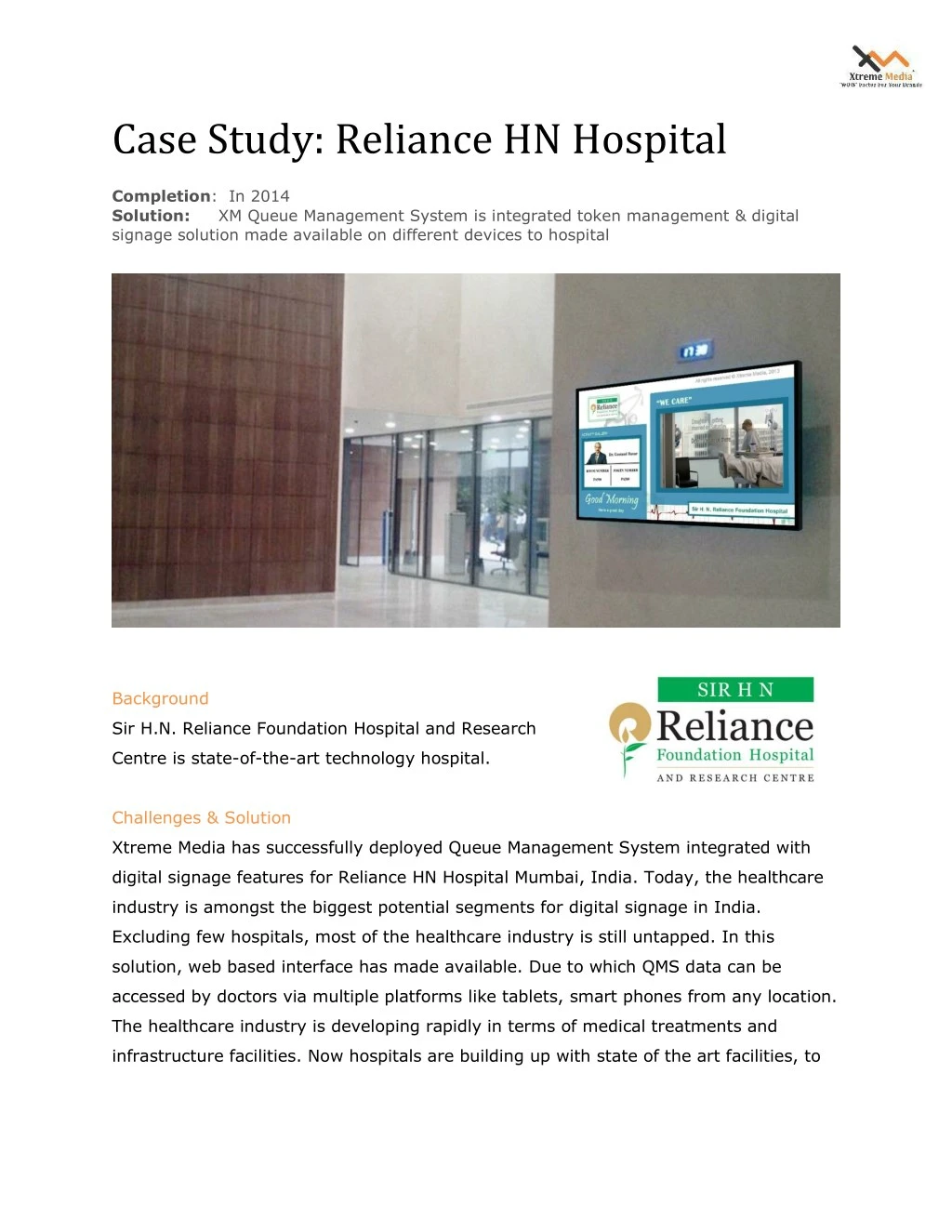 case study reliance hn hospital completion