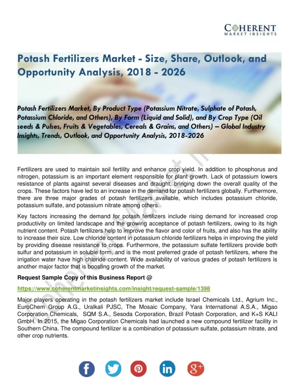 Potash Fertilizers Market - Size, Share, Outlook, and Opportunity Analysis, 2018 - 2026