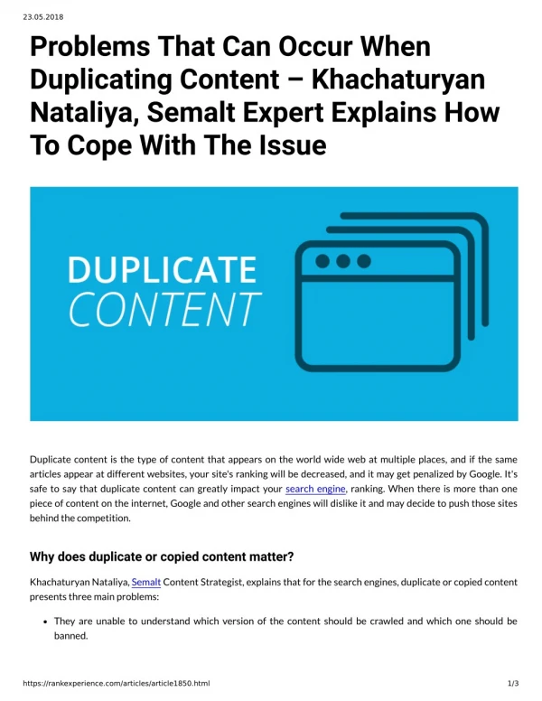 Problems That Can Occur When Duplicating Content – Khachaturyan Nataliya, Semalt Expert Explains How To Cope With The