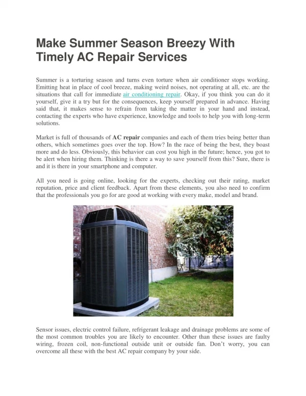 Make Summer Season Breezy With Timely AC Repair Services