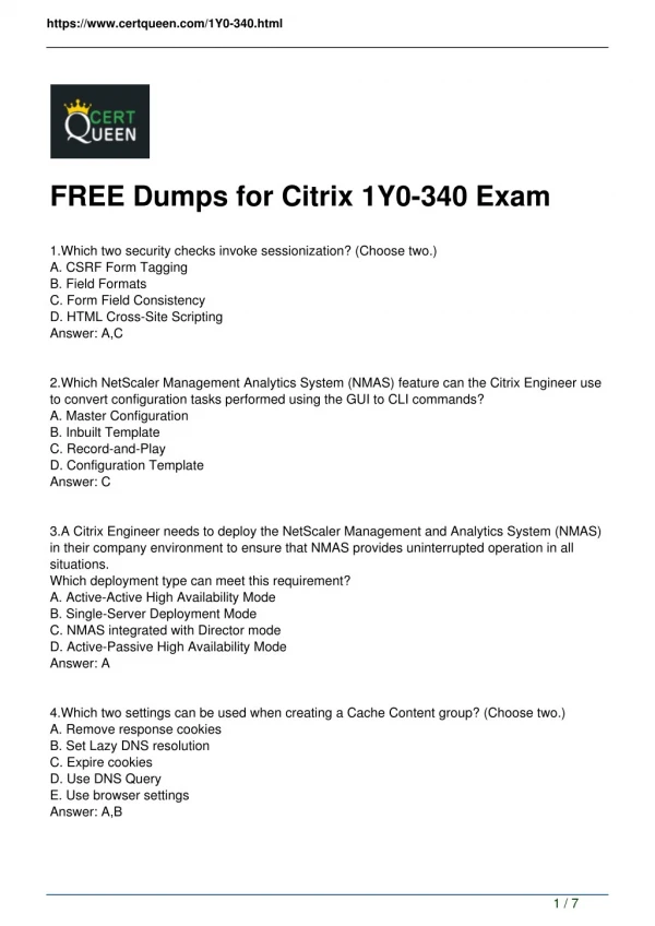 2018 CertQueen Citrix 1Y0-340 Exam Certification Dumps
