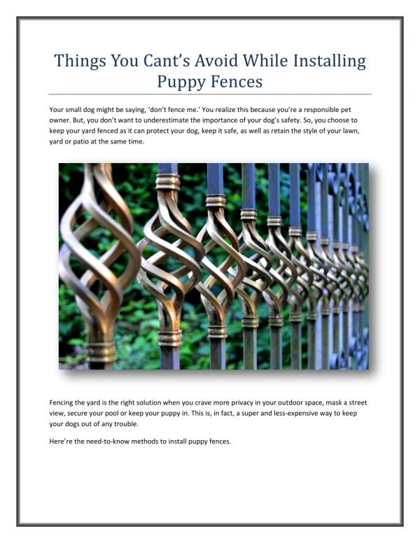 Things You Cant’s Avoid While Installing Puppy Fences