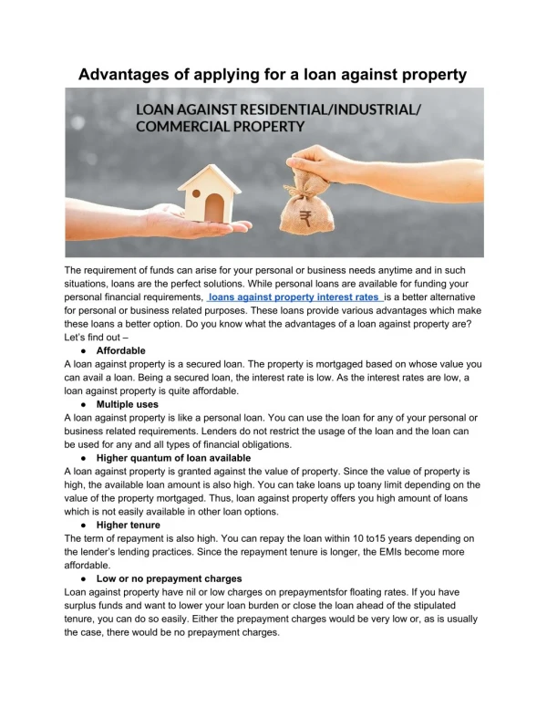 Advantages of applying for a loan against property