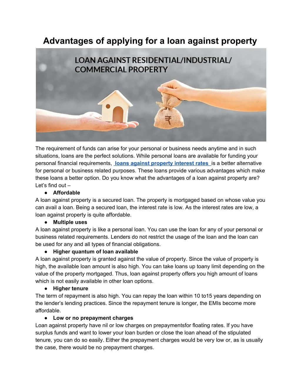 advantages of applying for a loan against property