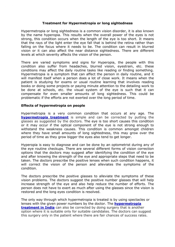 Treatment for Hypermetropia or long sightedness