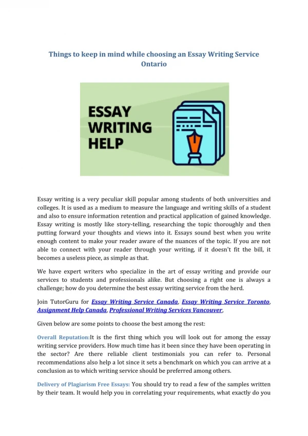 Things to keep in mind while choosing an Essay Writing Service Ontario