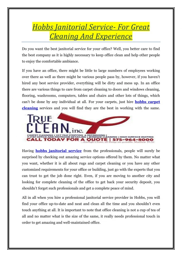 Hobbs Janitorial Service- For Great Cleaning And Experience