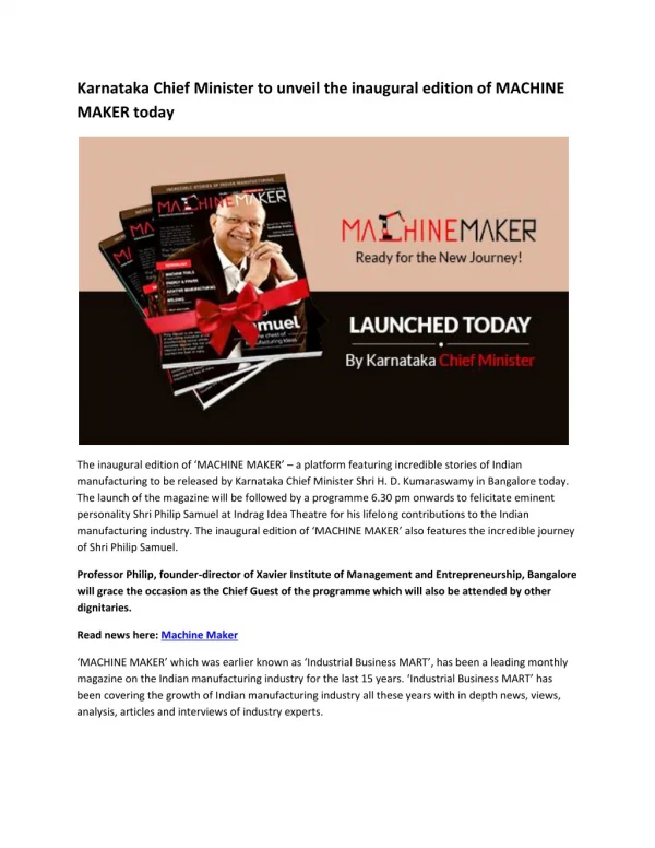 Karnataka Chief Minister to unveil the inaugural edition of MACHINE MAKER today