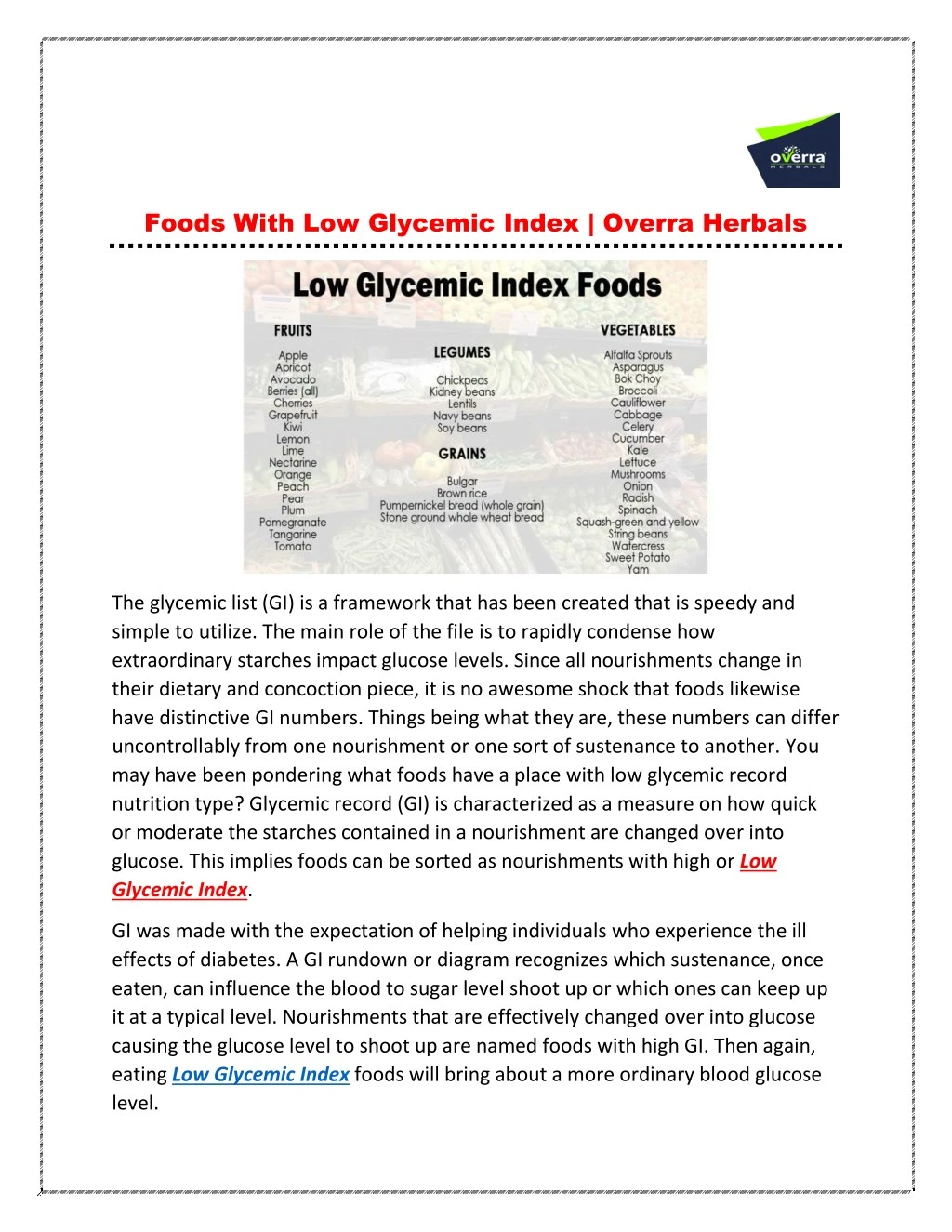 foods with low glycemic index overra herbals
