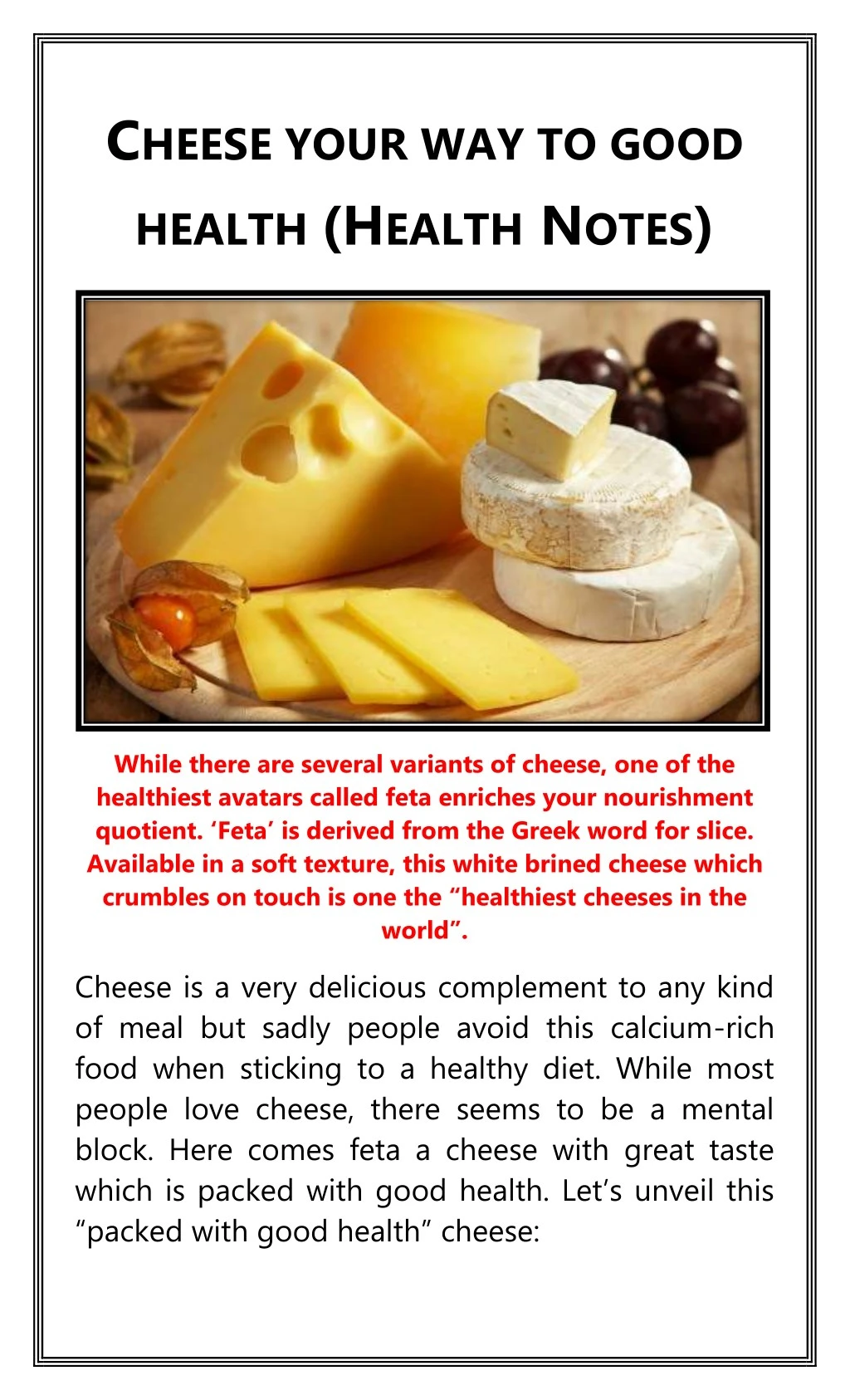 c heese your way to good health h ealth n otes