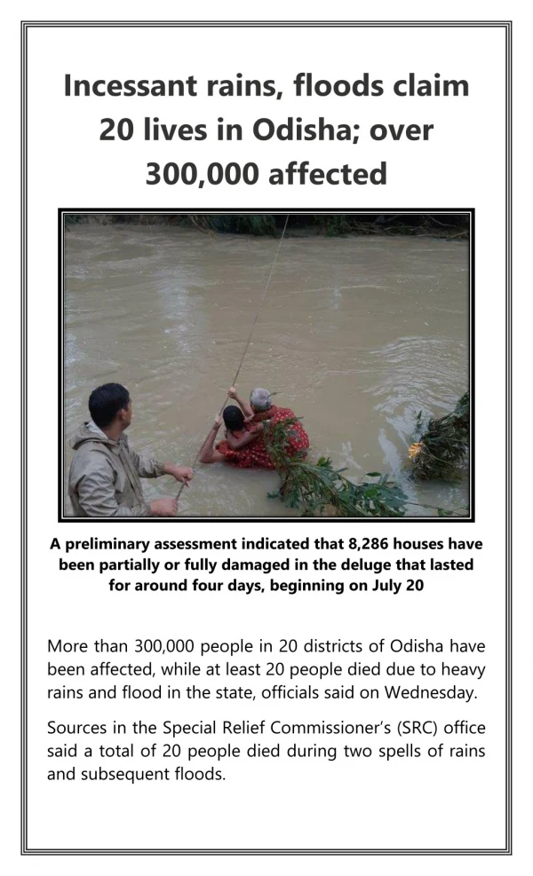 Incessant rains, floods claim 20 lives in Odisha; over 300,000 affected