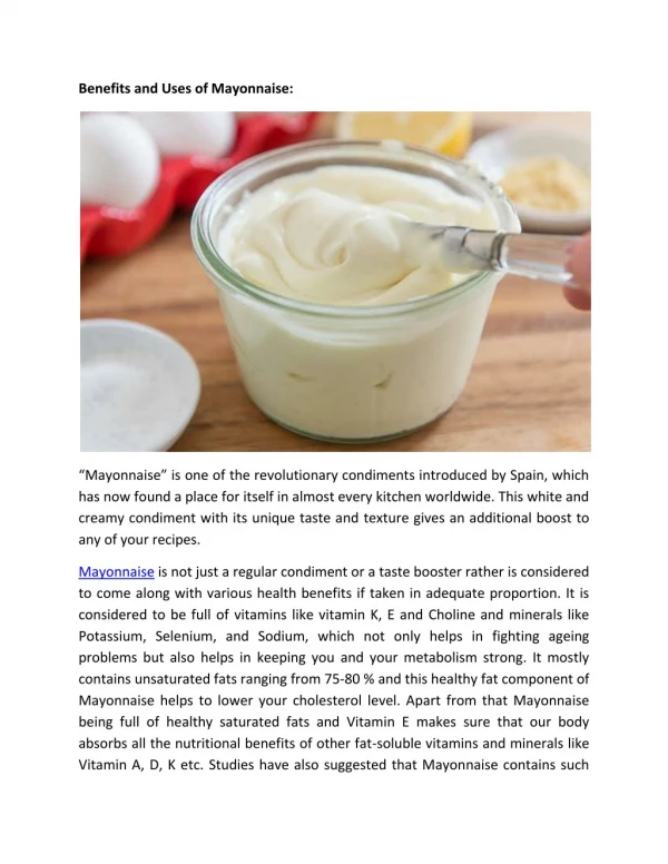Benefits and Uses of Mayonnaise