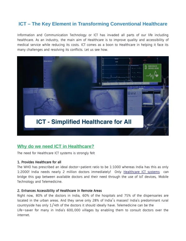 ICT – The Key Element in Transforming Conventional Healthcare