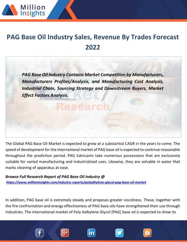 PAG Base Oil Industry segmentation based on product types, distribution channel, applications To 2022