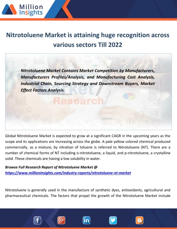 Nitrotoluene Market: Emerging Trends Application, Challenges By 2022