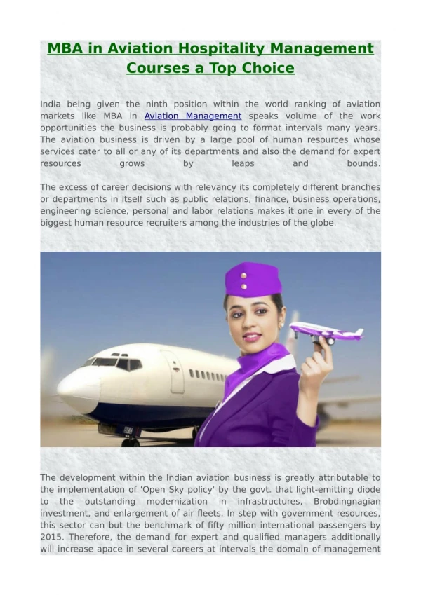 MBA in Aviation Hospitality Management Courses a Top Choice