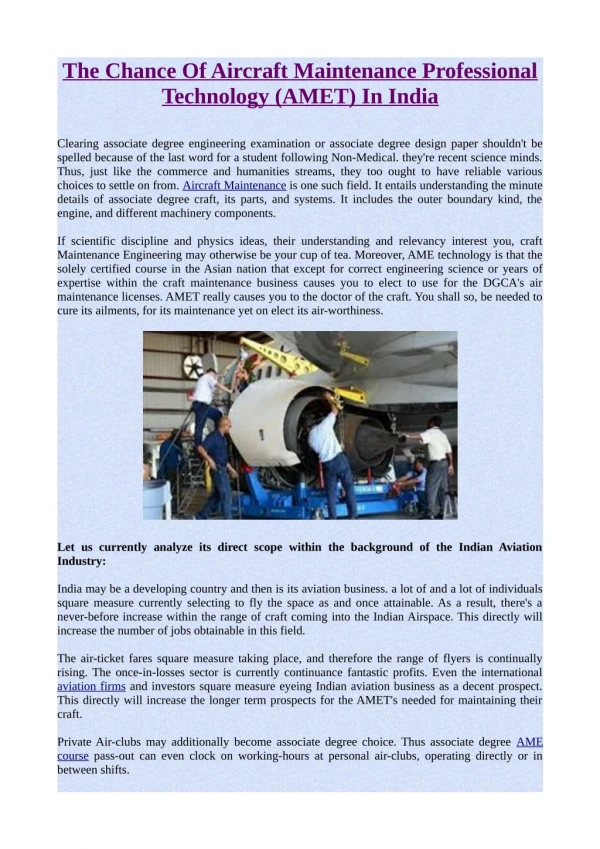 The Chance Of Aircraft Maintenance Professional Technology (AMET) In India