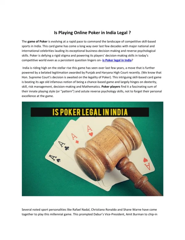 Is Playing Online Poker in India Legal ?