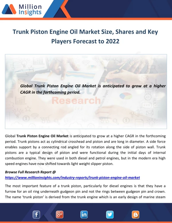 Trunk Piston Engine Oil Market Size, Shares and Key Players Forecast to 2022